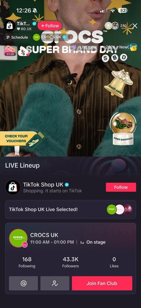 Powering TikTok Commerce TikTok live shopping event with Crocs UK and influencer.